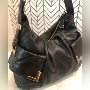 Michael Kors Black Real Leather Shoulder Hobo Bag with Gold Accents - Authentic